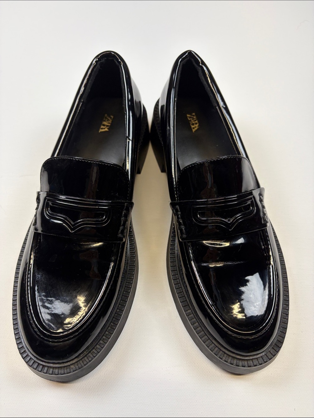 ZARA BLACK PATENT FINISH CHUNKY PLATFORM PENNY LOAFERS EUR 39 US 8